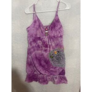 Forla‎ Paris Tie Dye Tank Top Smocked Ruffle Hem Embellished Purple Large